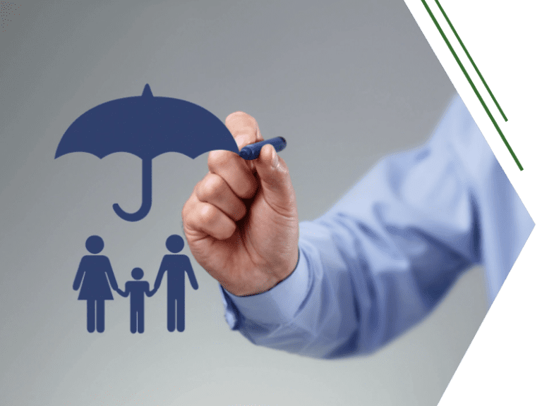 Insurance agent protecting family with umbrella
